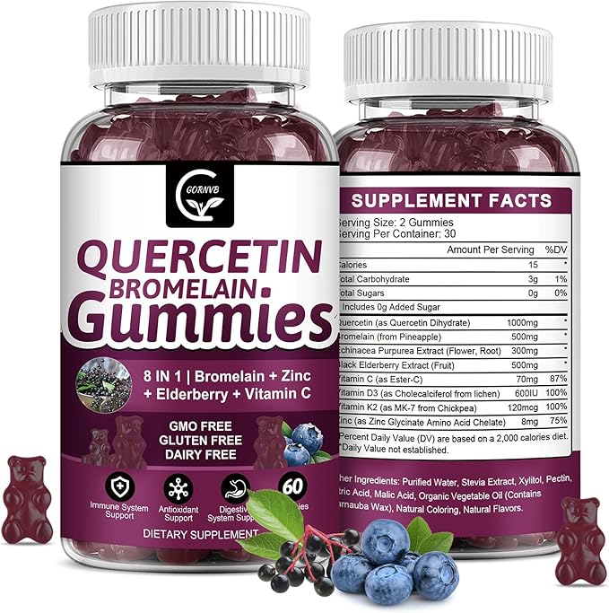 Quercetin Gummies with Bromelain 2378mg - Blend with Elderberry, Echinacea Purpurea Extract, Zinc, Vitamin C,D3,K2, Complex Supports Immune, Cardiovascular & Respiratory, Vegan Gummy for Adult & Kid