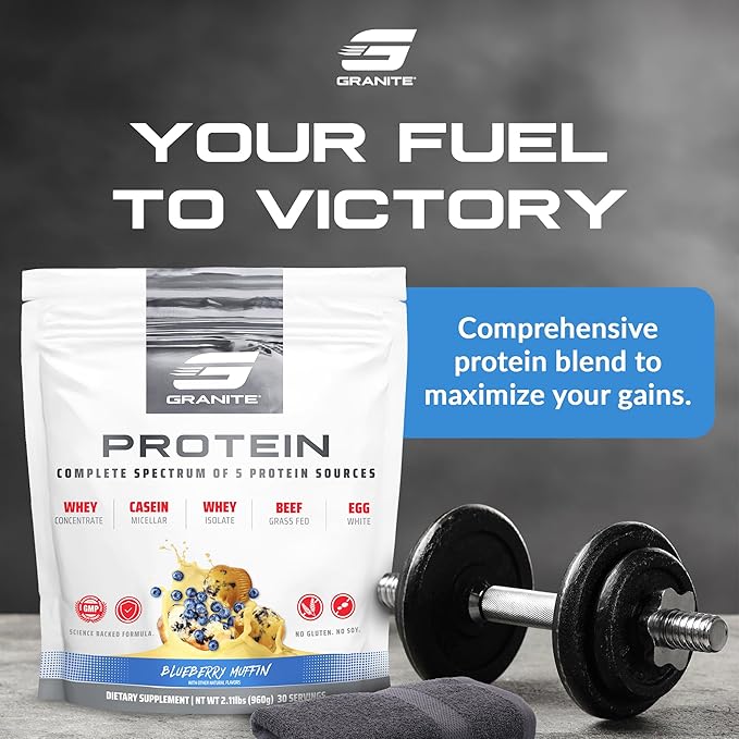 Granite Nutrition Protein Powder - Premium 5-Source Blend (Whey, Casein, Egg, Grass-Fed Beef) for Lean Muscle and Recovery - Blueberry Muffin Flavor, 30 Servings