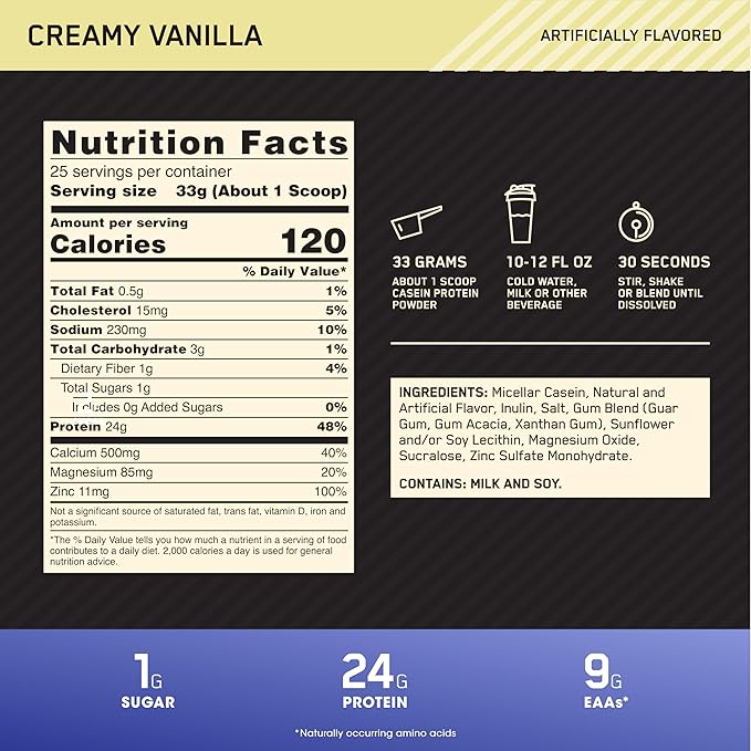 Optimum Nutrition Gold Standard 100% Micellar Casein Protein Powder, Slow Digesting, Helps Keep You Full, Overnight Muscle Recovery, Creamy Vanilla, 1.81 Pound (Packaging May Vary)