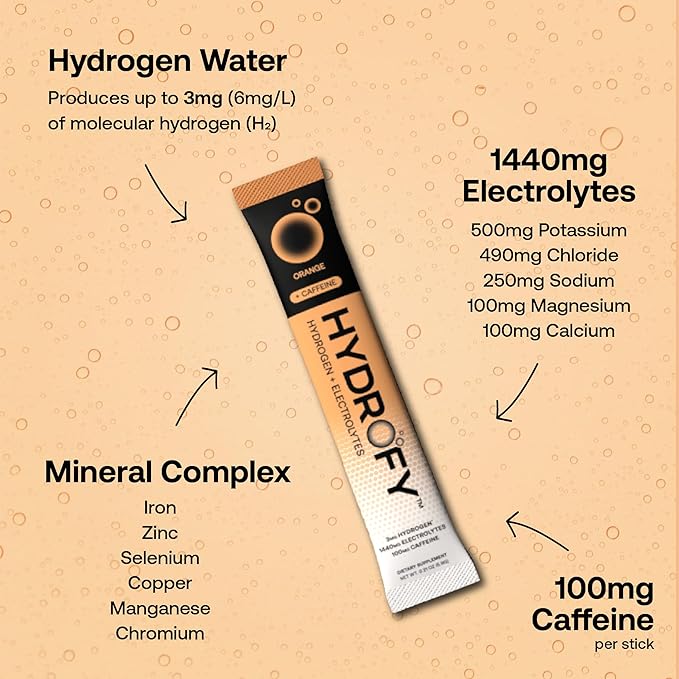 Hydrofy Hydrogen Water + Electrolytes Drink Mix | Superior Hydration Packets with Molecular Hydrogen (H2), Sodium, Potassium, Magnesium, Calcium, and Minerals | No Sugar | Orange + Caffeine 25 ct