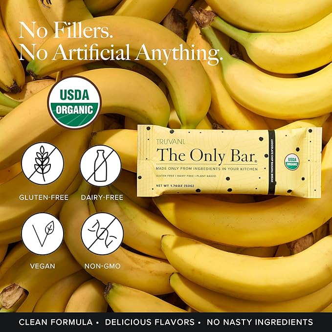 Truvani Plant Based Snack Bars | Chocolate Chip Banana Bread 12 Pack | 5g Protein | USDA Organic and Vegan | The Only Bar | Dairy, Soy, and Gluten Free | Individually Wrapped