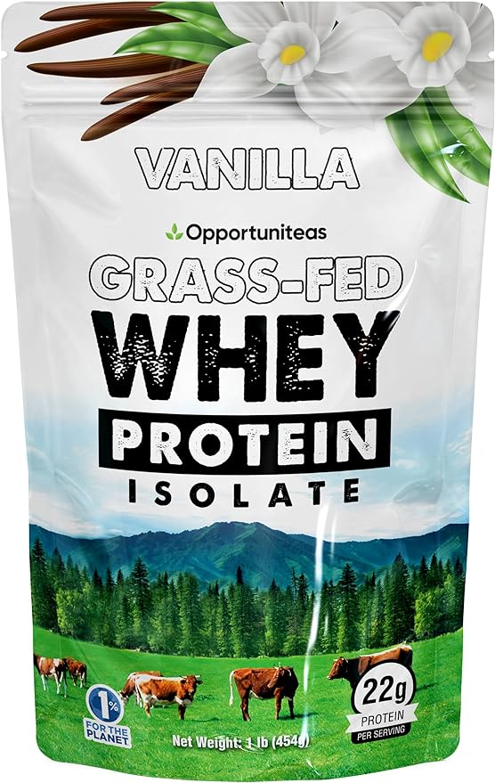 Opportuniteas Grass Fed Vanilla Whey Protein Isolate Powder - 22g Protein Powder Without Artificial Sweeteners, Hormone-Free Cows, Non GMO - 1lb
