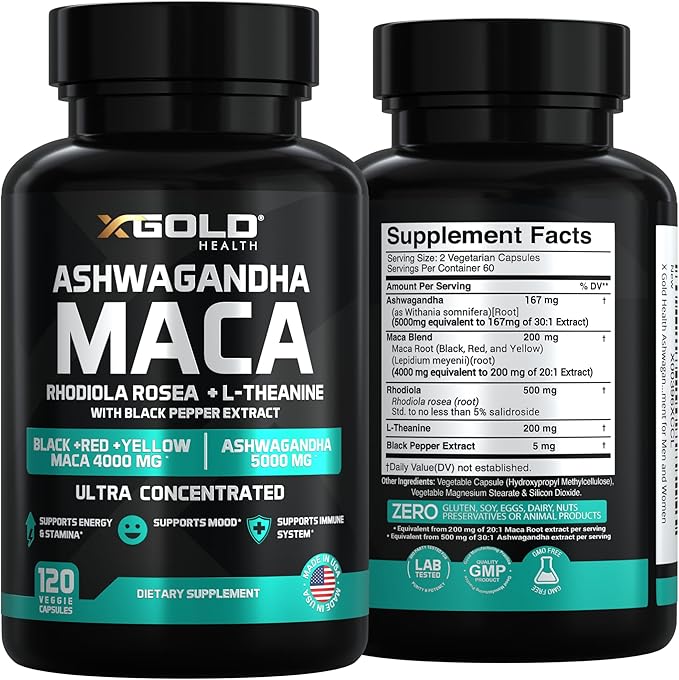 Ashwagandha 5,000mg + Maca Root Black, Red, Yellow 4,000mg, Rhodiola & L-Theanine: 30:1 Extract Ashwagandha Capsules, 20:1 Extract Maca Root Capsules - Supplement for Men and Women