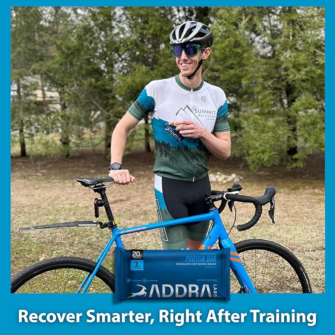 ADDRA Protein Bars - 20g Plant-based Muscle Recovery Protein Bars with 3g of the Recovery BCAA, Leucine, for Runners, Cyclists, Triathletes, Gluten-Free, Low Sugar, Vegan, Chocolate Chip Cookie Dough Flavor, 8 bars