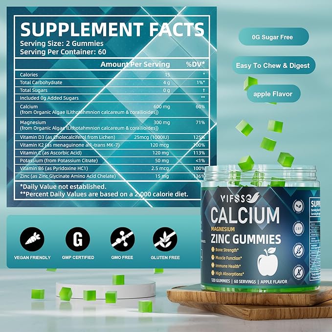 Calcium Magnesium Zinc Gummies 600mg with Vitamin D3 K2, 120 Gummies Plant Based Sugar-Free Calcium Gummies High Absorption Complex Calcium Supplement 70+ Trace Minerals for Bone Strength, Vegan