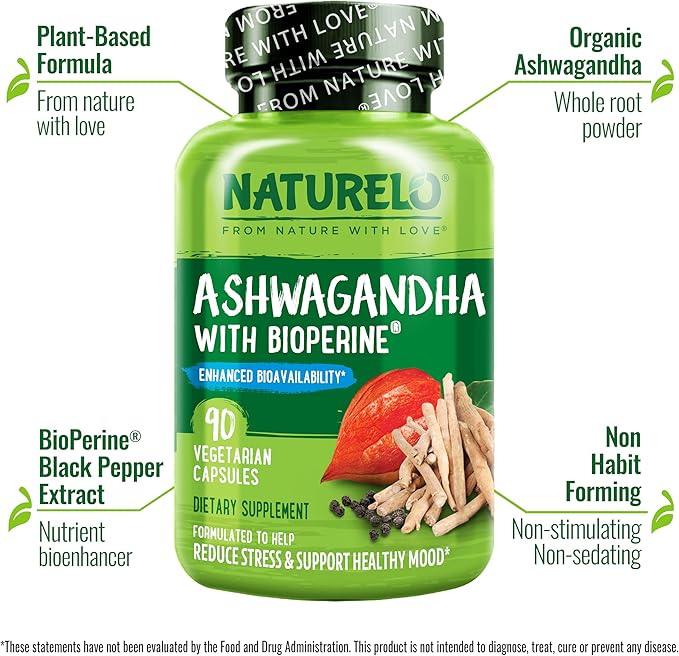 NATURELO Ashwagandha Organic Root Powder - Natural Herbs Supplement for Fatigue, Stress Relief, Mood Enhancer - with Black Pepper Extract - 90 Vegan Capsules (Pack of 2)