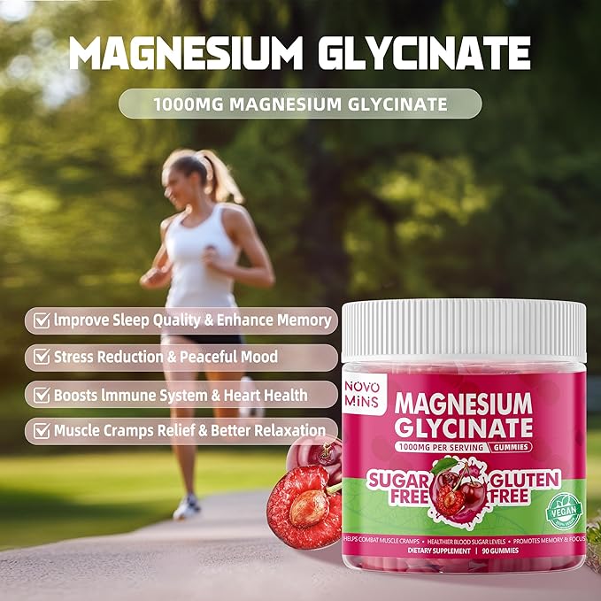 90 CT Magnesium Glycinate Gummies 1000mg - Sugar Free Magnesium Potassium Supplement with Vitamin D, B6, CoQ10 for Calm Mood & Sleep Support - 90 Cherry Gummies.