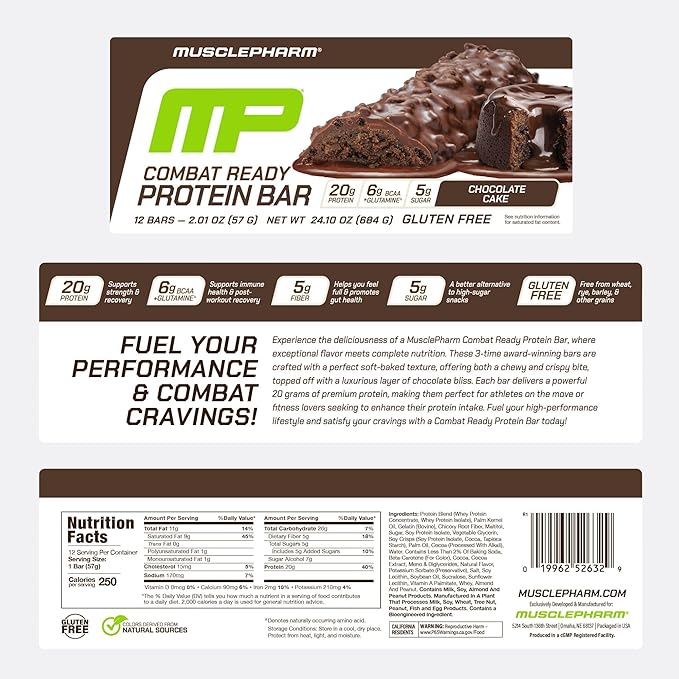 MusclePharm Combat Sport Bar, Chocolate Cake Flavor High Protein Bars, Combat Cravings, Fuel Performance & Meet Energy Demands, 20g Protein from Whey Protein, 5g Fiber, Gluten Free, 12 Bars