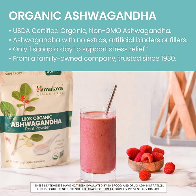 Himalaya Organic Ashwagandha Powder, Adaptogenic Superfood for Protein Shakes & Smoothies, 7.9 oz, 3 Month Supply