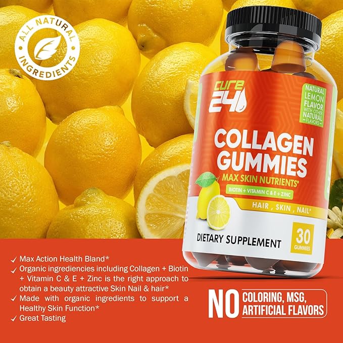 Collagen Gummies with Zinc, Vitamin C and Biotin, Collagen Peptides Supplement Promotes Hair, Nail, Skin, Bone and Joint Health Support, Made in USA 60 Gummies