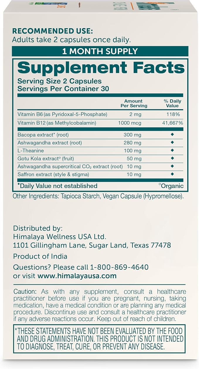Himalaya Focused Mind with Ashwagandha, Bacopa & L-Theanine for Focus, Energy and Attention, 60 Capsules, 1 Month Supply, Vegan, Gluten Free