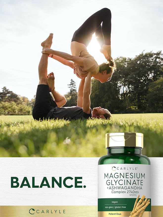 Carlyle Magnesium Glycinate with Ashwagandha | 2,740mg Complex | 120 Vegetarian Capsules | Potent Duo | Non-GMO and Gluten Free Supplement