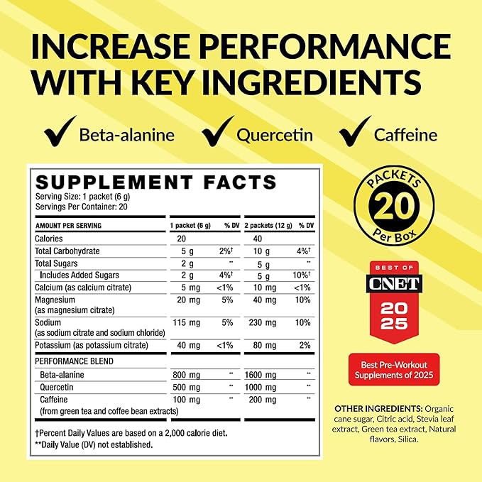 BODi Energize Pre Workout Powder - Beta-Alanine, Quercetin & Low-Dose Caffeine Formula for Enhanced Energy & Focus, Increase Energy & Endurance Supplement, Lemon Flavored, 20 Sticks