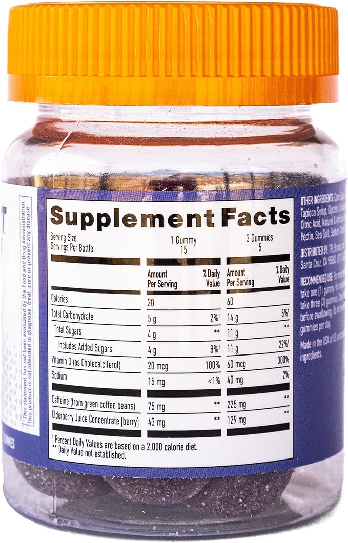 Energy Gummies, 1125 mg of Plant-Based Caffeine Chews per Bottle, Long Lasting Energy Boosters, Elderberry (15ct)
