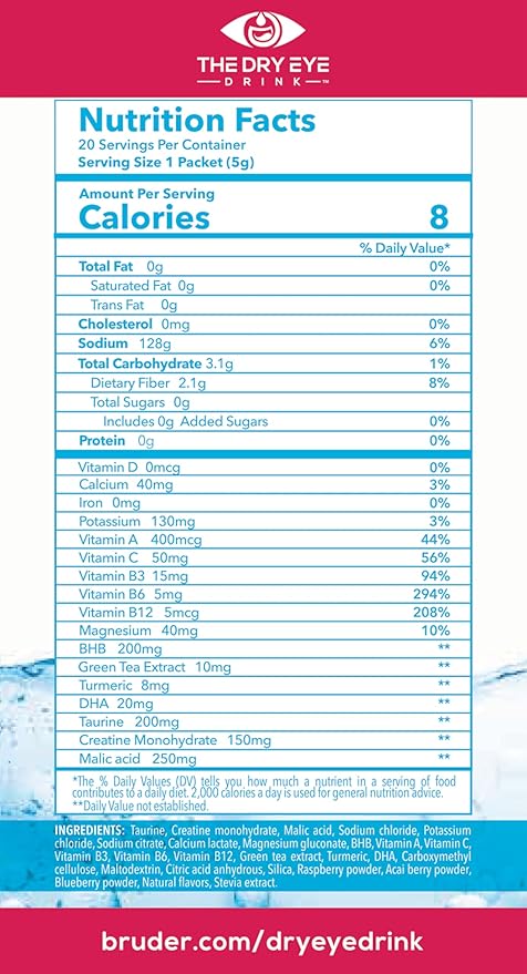 The Dry Eye Drink l Ultimate Hydration for Dry Eyes l Sugar-Free Electrolyte Powder Packets l Blended with Vitamins, Green Tea, Turmeric, Taurine, and DHA l 5g x 20 Packets (Mixed Berry)
