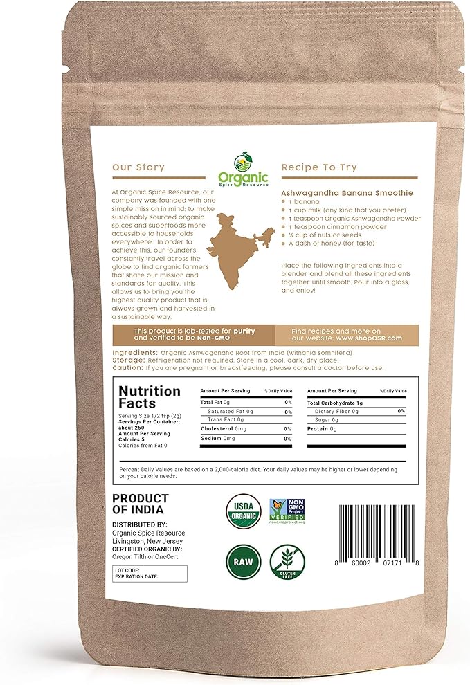 Organic Ashwagandha Root Powder - 1.10 lbs (17.64 oz) | Resealable Kraft Bag,Non-GMO, Indian Ginseng, Withania Somnifera -100% Raw from India, by SHOPOSR