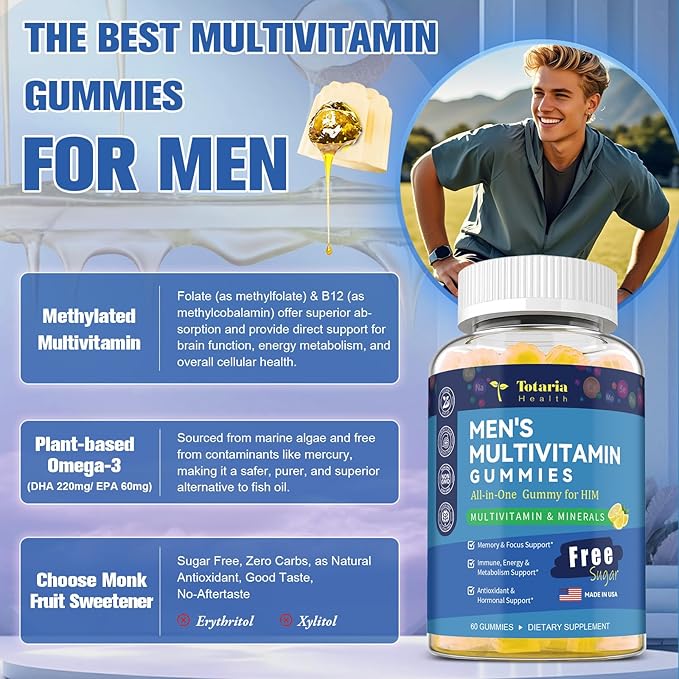 Sugar Free Men's Multivitamin Gummies w/Vegan Omega 3, Maca, Saw Palmetto, Vitamin A, B, C, E, D3, K, Zinc, Daily Methylated Multivitamins for Men, for Immunity, Energy, Lemon Flavor, 60 Counts