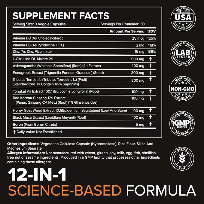 Peak Potential 12-in-1 Testosterone Support for Men – Strength & Energy Supplement – Natural Muscle Builder with Tongkat Ali, Ashwagandha, Fenugreek, Tribulus – 90 Capsules