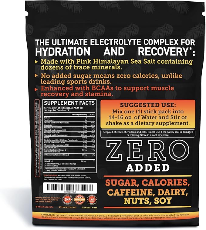 Enhanced Electrolyte Powder (Peach Mango 20pk.) w 0 Sugar +BCAAs +B-Vitamins Electrolyte Supplement w Potassium Zinc & Magnesium for Hydration - Keto Electrolytes