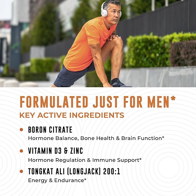Boron Supplement For Men With Tongkat Ali - Vitamin D3, Zinc Picolinate 30mg, Longjack Tongkat Ali For Men - Boron Citrate 10mg For Men’s Health - Non GMO, Gluten Free, No Allergens - 30 Count