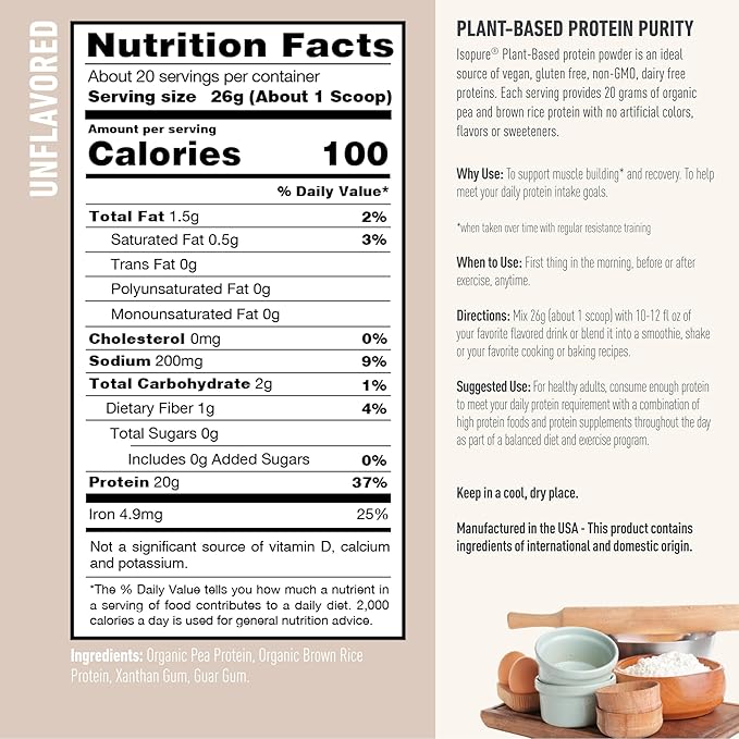 Isopure Plant-Based Protein Powder, Lactose Free, Gluten Free, With Iron, Unflavored, 20g Plant Protein Per Serving, 1.15 Lbs, 20 Servings