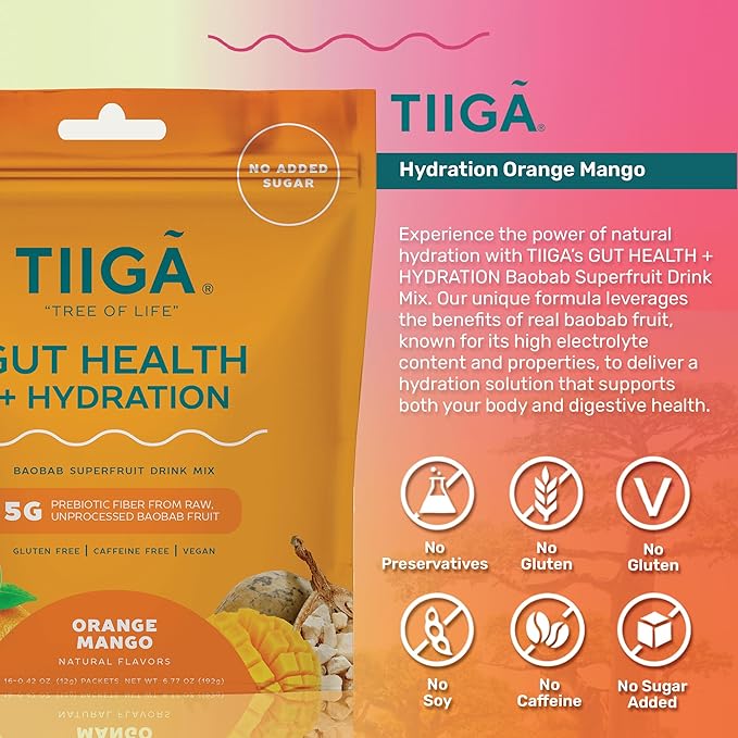 Tiiga 2-in-1 Gut Health + Hydration Drink Mix – Natural Debloat Formula with 75%+ Baobab & Coconut Water. High in Antioxidants, Prebiotics, Zero Added Sugar, Supports Digestion, Energy & Helps Debloat