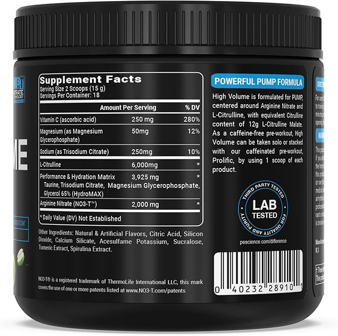 PEScience High Volume Stim-Free Pre Workout, Nitric Oxide Booster with L Citrulline & L Arginine Nitrate, Non-Stim Preworkout for Men and Women, 36 Scoops, Sour Green Apple
