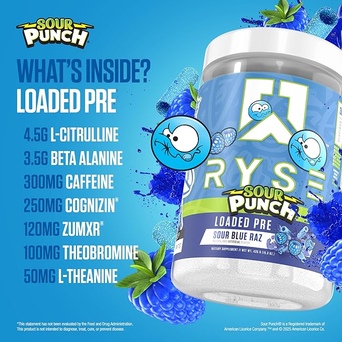 RYSE Loaded Pre Workout Powder - Sour Punch Blue Raz - Daily Pre-Workout for Men & Women with 390mg Caffeine, Beta Alanine, and Citrulline for Pump, Focus, and Energy - 30 Servings