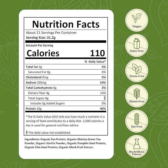Organic Vegan Protein Powder Sample Pack – Matcha Flavor – 31g Plant-Based Protein Per Serving – Gluten-Free, Non-GMO, Dairy-Free – Ideal for Smoothies & Shakes – 24 Count