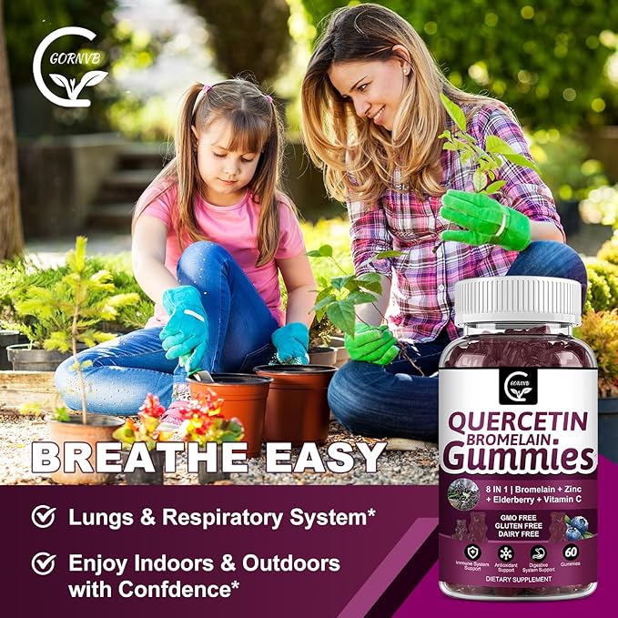 Quercetin Gummies with Bromelain 2378mg - Blend with Elderberry, Echinacea Purpurea Extract, Zinc, Vitamin C,D3,K2, Complex Supports Immune, Cardiovascular & Respiratory, Vegan Gummy for Adult & Kid