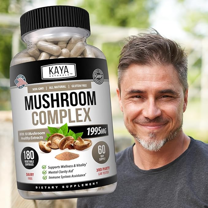 Kaya Naturals Premium Mushroom Complex Potent - Mushroom Supplement - Mushroom Complex Capsules 1995mg Per Serving - Aids Mental Clarity Supports Immune System, Wellness & Vitality - 180 Count