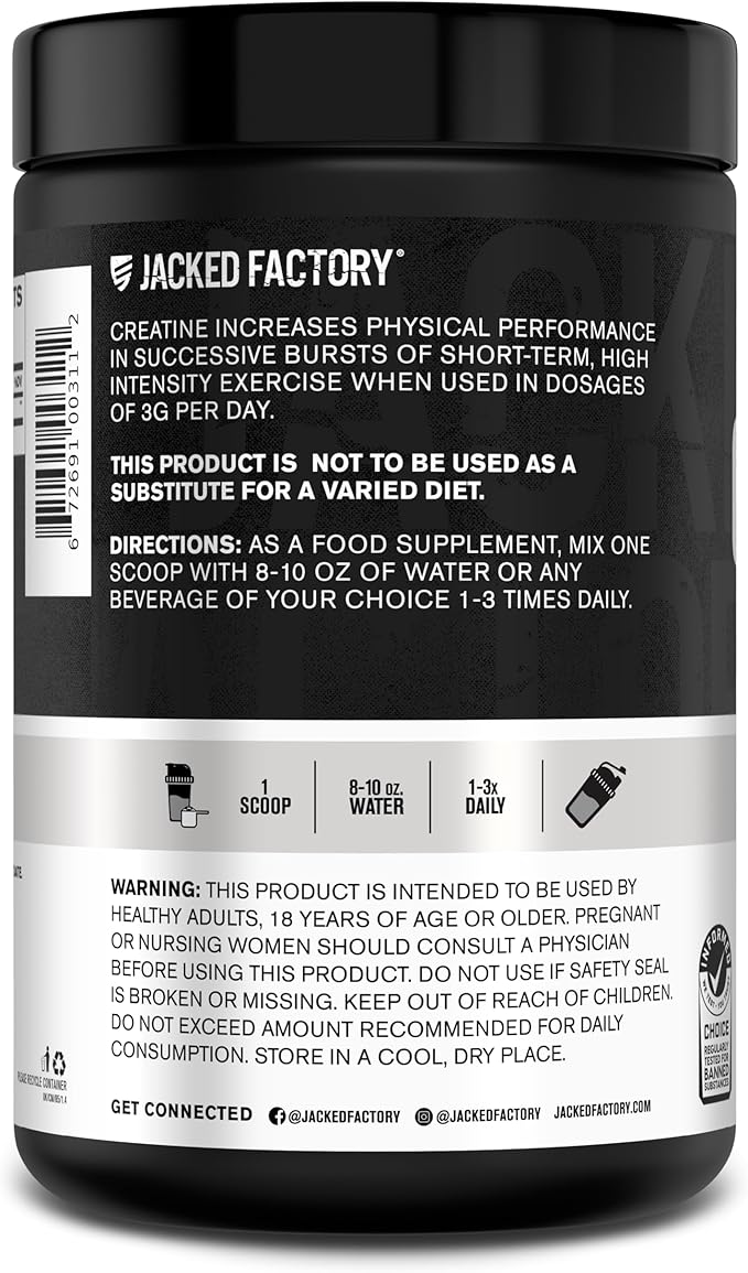 Jacked Factory Creatine Monohydrate Powder 425g - Creatine Supplement for Muscle Growth, Increased Strength, Enhanced Energy Output and Improved Athletic Performance 85 Servings, Unflavored