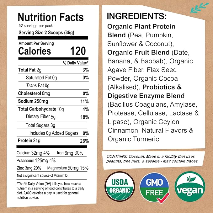EarthChimp Organic Vegan Protein Powder - with Probiotics - Non GMO, Dairy Free, Non Whey, Plant Based Protein Powder for Women and Men, Gluten Free - 52 Servings 64 Oz (Plain & Unsweetened) No Scoop