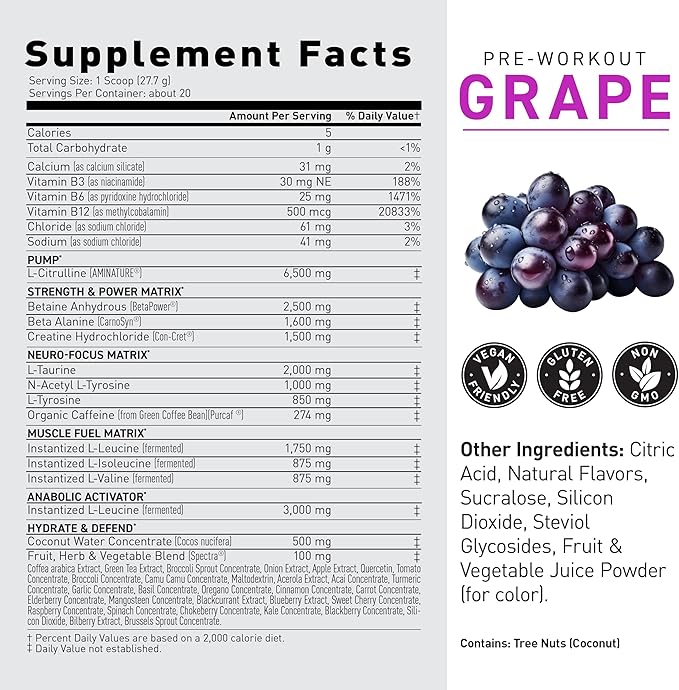 Kaged Original Pre Workout Powder | Grape | Pre-Kaged | Formulated with Creatine, Beta Alanine, Pure Caffeine | 20 Servings