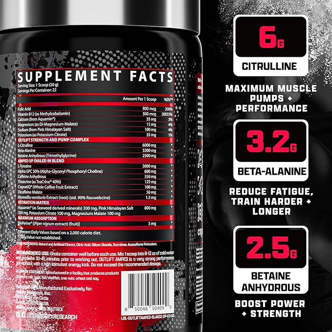 OUTLIFT Amped Max Dosed HIGH STIM Pre Workout Powder, 6G Citrulline, 3.2G Beta Alanine, Alpha GPC, CognatiQ, Extreme Energy, Massive Pumps, Strength, Electrolytes, Nootropics, Fruit Punch, 22 Servings