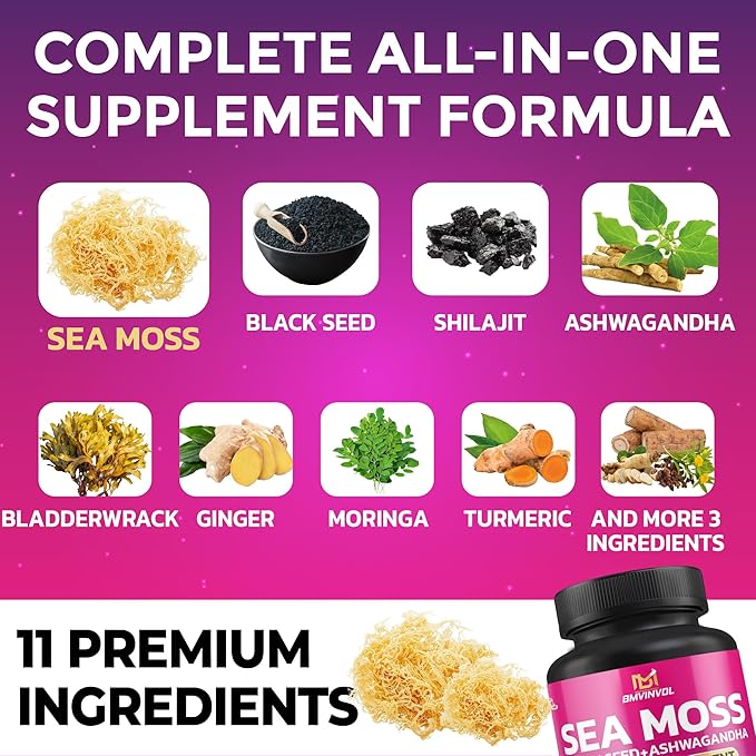 BMVINVOL Sea Moss Black Seed Shilajit Ashwagandha + Bladderwrack, Ginger, Moringa, Turmeric, Burdock, Ginseng, Rhodiola Rosea - 100 Capsules