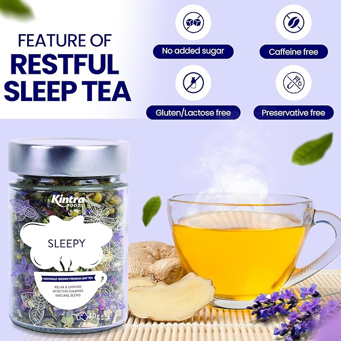 Kintra Foods Sleepy Loose Leaf Tea | Herbal Blend for Relaxation and Restful Sleep Tea | Caffeine Free with Chamomile, Lavender & Passion Flower | Soothing Sleep Aid | 40g (40 Servings) (Sleepy)