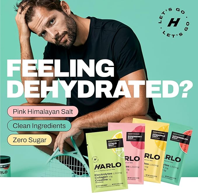 Harlo - Variety 12-Pack Electrolyte Mix with Added Bovine Collagen & Creatine - Creatine Monohydrate Powder, Energy Drink Powder, Sugar Free Energy Drinks - Citrus, Pineapple, Raspberry, Watermelon
