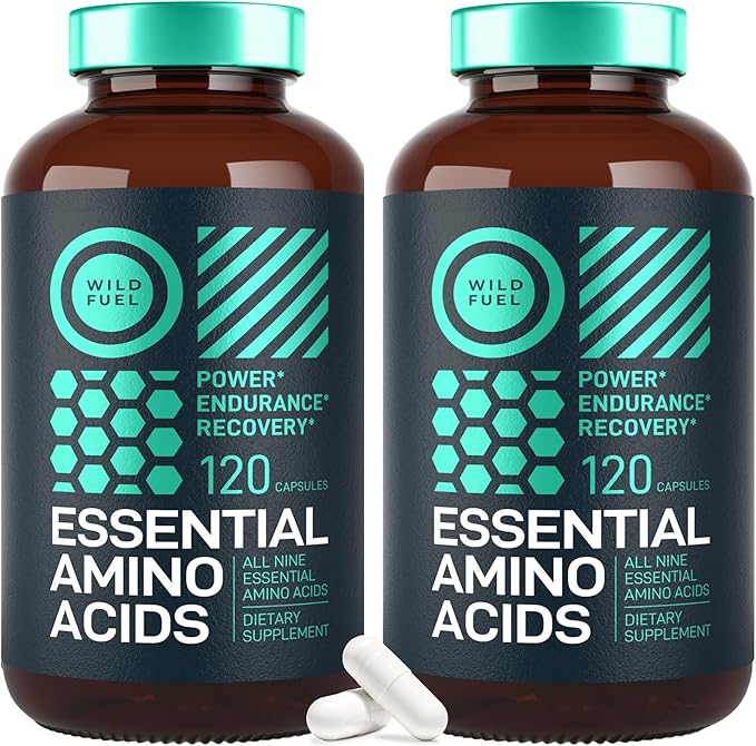 WILD FUEL Essential Amino Acids Supplement for Women and Men - All 9 BCAAs Amino Acid Complex for Power and Recovery - EAA Lysine, Tryptophan, Isoleucine - 2 Pack 240 Vegan BCAA Capsules