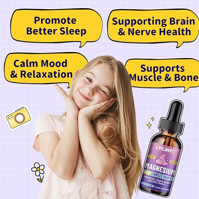 Kids Magnesium Liquid Drops-Magnesium Glycinate Liquid for Kids Supplement-w/L-theanine, Omega-3, Vitamin B6, D3 - for Sleep, Relaxation, Brain, Bones - Lemon Flavor, 2 Fl Oz