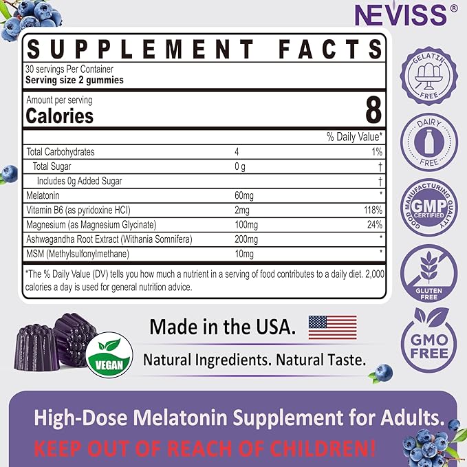 Antioxidant & Brain Support Melatonin 60mg 30mg for 50+ Adults | High Dose Melatonin for Anti-Aging & Immune | Extra Strength Melatonin Gummies with B6, Ashwagandha, Magnesium, MSM - 120 Gummies