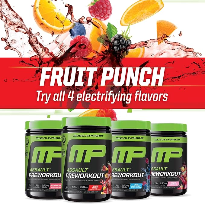 Muscle Pharm Assault Energy & Strength Pre Workout Powder for Men & Women with Beta Alanine, Caffeine, Creatine & Betaine Anhydrous, Pre-Workout Supplements, 30 Servings, Fruit Punch Flavor