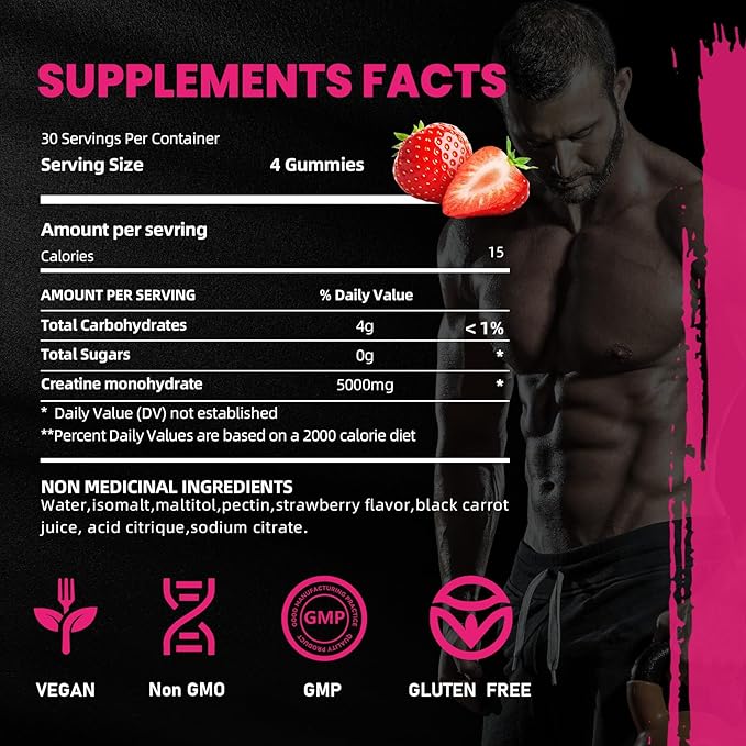 Creatine Monohydrate Gummies 5000mg for Men & Women, Gomitas de Creatina 5g Creatine Monohydrate,0g Sugar Chewables Creatine Pre-Workout for Muscle Strength, Vegan (Strawberry 2)