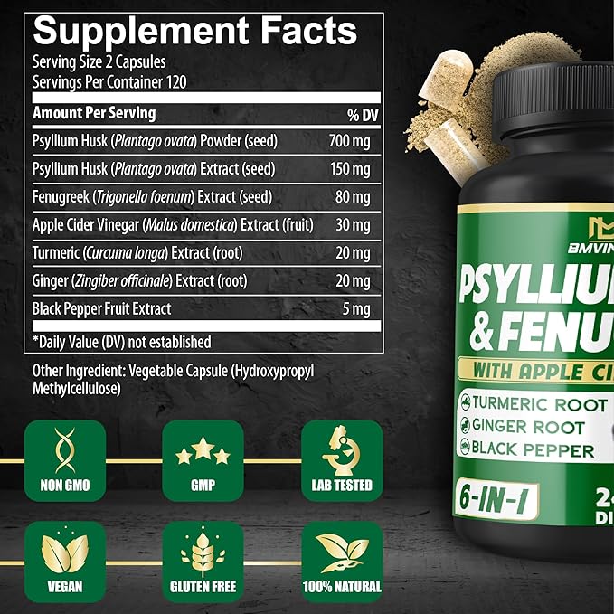 BMVINVOL Psyllium Husk Fiber Supplement with Fenugreek, Apple Cider Vinegar, Turmeric, Ginger, Black Pepper- Digestion Health Support - 240 Capsules