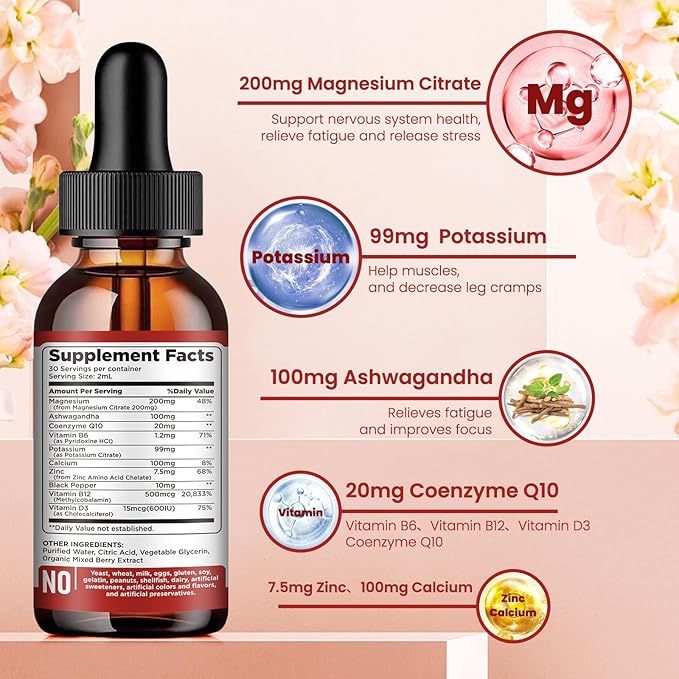 Potassium Magnesium Citrate Supplement, Liquid Magnesium Citrate Drops 200mg with Ashwagandha, Calcium, Zinc, Vitamin D3, B6, B12, CoQ10 - Vegan 2 fl oz Mix Berry Flavor