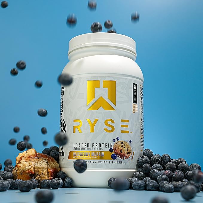 Ryse Loaded Protein Powder - Blueberry Muffin - 25g Whey Protein Isolate & Concentrate with Prebiotic Fiber & MCTs - Low Carb, Low Sugar, Digestive-Friendly - 20 Servings / 1.5 lb Tub