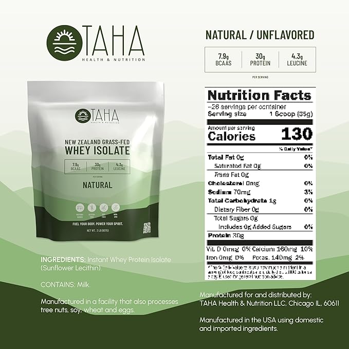 Taha Health & Nutrition Natural Unflavored Whey Protein Isolate, 30g Protein, 7.9g BCAAs, 4.3g Leucine | New Zealand Grass-Fed, Free-Range Dairy | Gluten & Soy Free, Keto, Kosher | 2LB, ~26 Servings