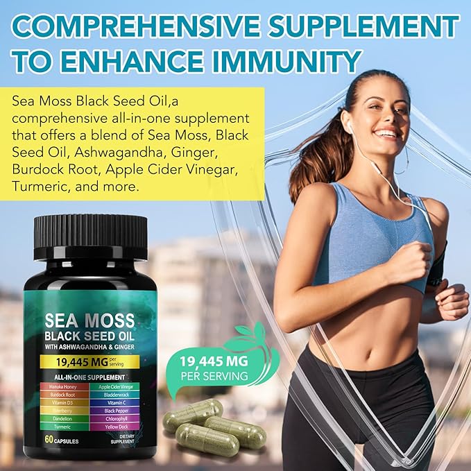 Sea Moss 3000mg Black Seed Oil Capsules 2000mg Ashwagandha Supplements 1000mg Bladderwrack Turmeric Burdock & Vitamin C & D3 Manuk Honey Dandelion Yellow Dock Chlorophyll ACV