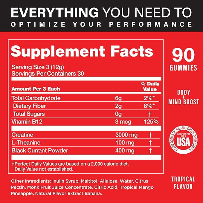ATPerform Sugar-Free Creatine Monohydrate Gummies with Black Currant Extract, Vitamin B12 & L-Theanine for Pre-Workout, Post-Workout Recovery, Focus, Strength & Energy | Tropical, 90ct