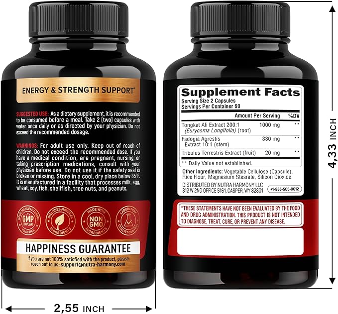 Tongkat Ali Men 1350mg Complex - Fadogia Agrestis | Tribulus Terrestris - Energy, Strength & Performance Support - Extra Strength 200:1 Extract - 3rd Party Tested, Made in USA - 120 Capsules / 2 Month